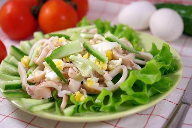 Squid salad with eggs and cucumber on a low carb diet